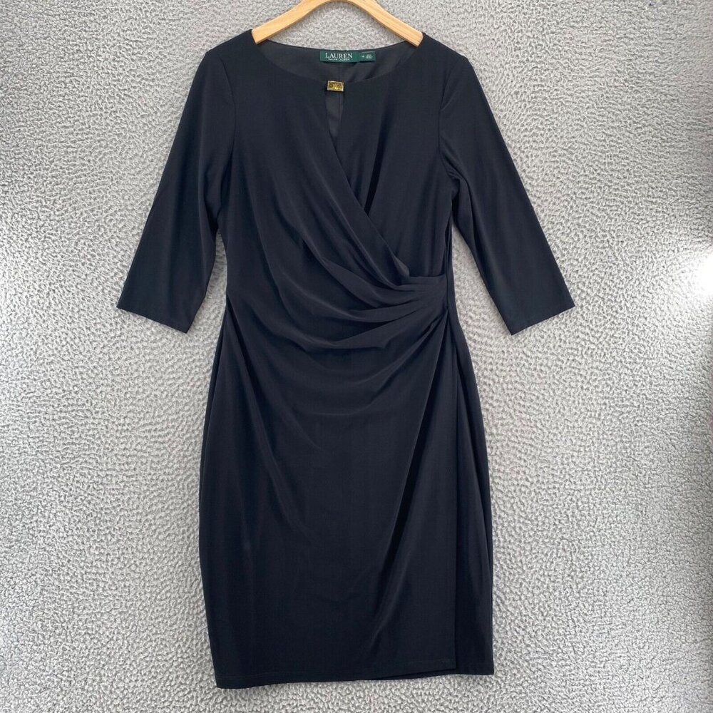 Lauren Ralph Lauren Dress Womens 10 Black Bodycon Draped 3/4 Sleeve Cut Out Knee